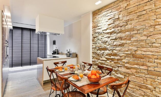 dining room kitchen modern style facing wall stone wall brickwall modern decor open kitchen