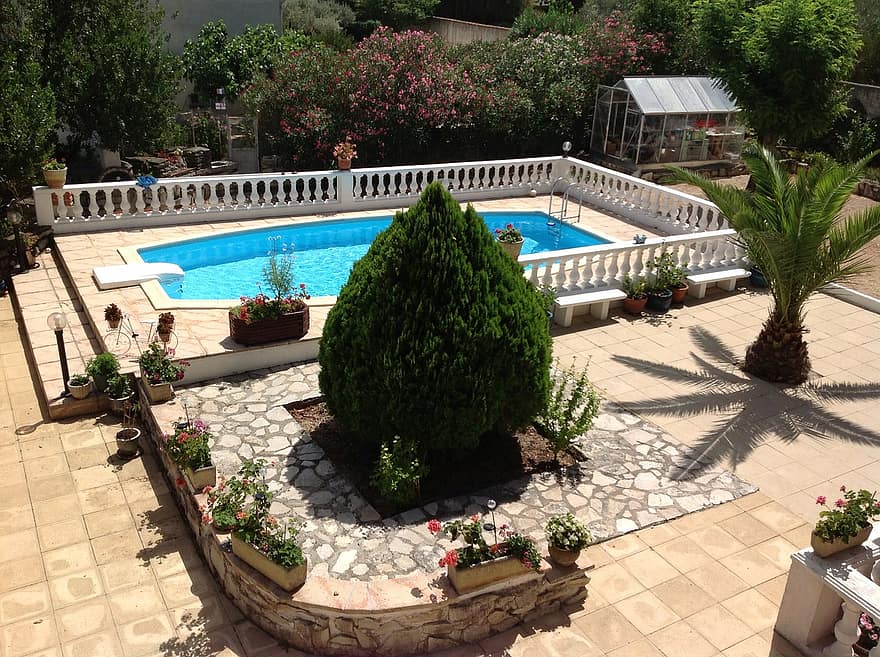 backyard garden swimming pool pool water house blue summer tropical