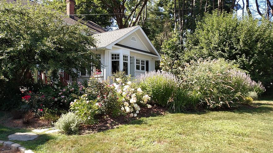 house spring front door front yard white flowers flowers garden sunny day summer